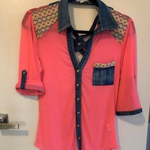 Women's Pink and Denim Button-Up Top